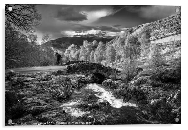 Ashness bridge Black and white Lake District Acrylic by John Henderson