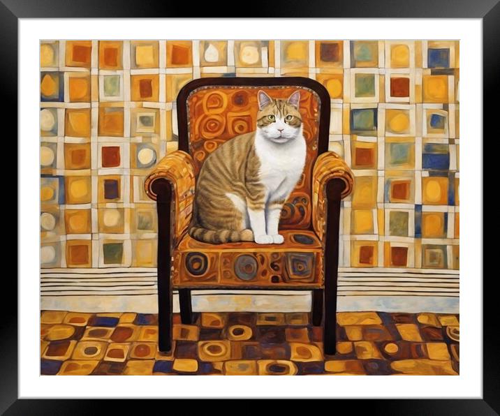 Cat On A Chair Inspired by Klimt Framed Mounted Print by Anne Macdonald