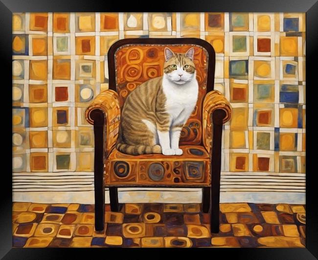 Cat On A Chair Inspired by Klimt Framed Print by Anne Macdonald