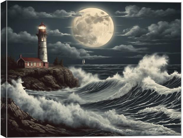 Huge Waves Around The Lighthouse Canvas Print by Anne Macdonald