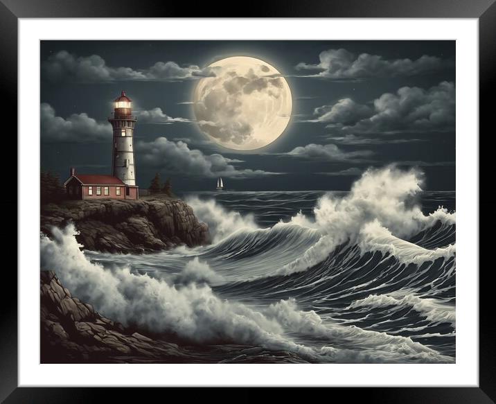 Huge Waves Around The Lighthouse Framed Mounted Print by Anne Macdonald