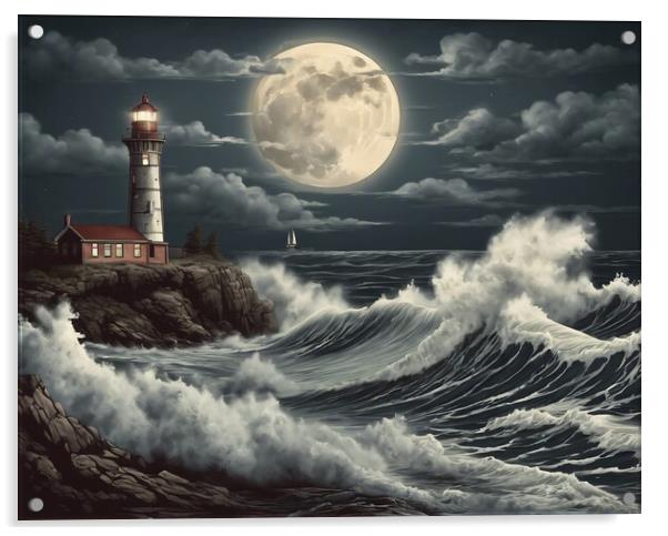 Huge Waves Around The Lighthouse Acrylic by Anne Macdonald