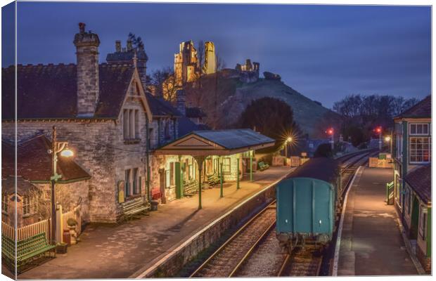 Corfe village station at night  Canvas Print by Shaun Jacobs