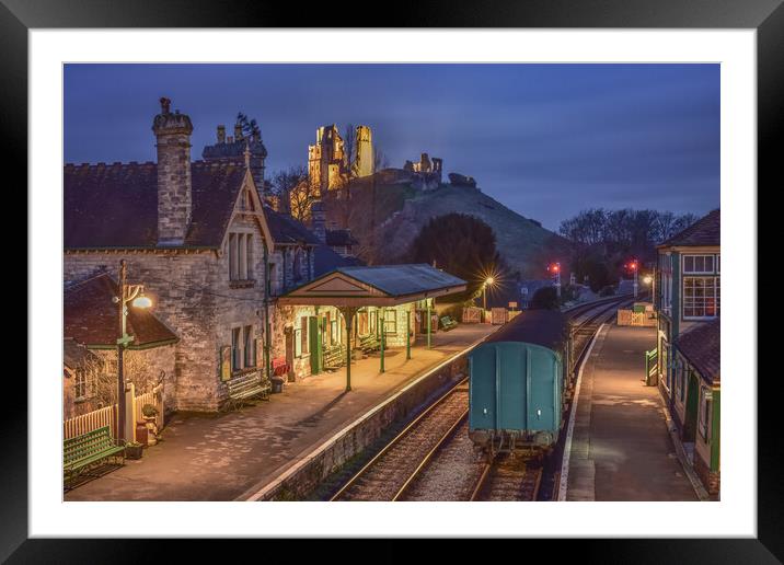 Corfe village station at night  Framed Mounted Print by Shaun Jacobs
