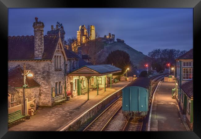 Corfe village station at night  Framed Print by Shaun Jacobs