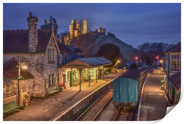 Corfe village station at night  Print by Shaun Jacobs