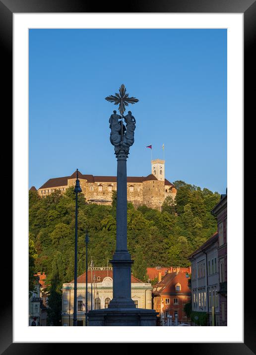 Holy Trinity Column And Ljubljana Castle Framed Mounted Print by Artur Bogacki