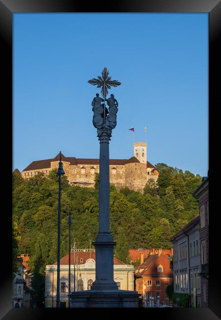 Holy Trinity Column And Ljubljana Castle Framed Print by Artur Bogacki