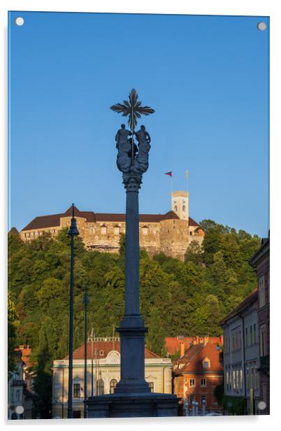 Holy Trinity Column And Ljubljana Castle Acrylic by Artur Bogacki