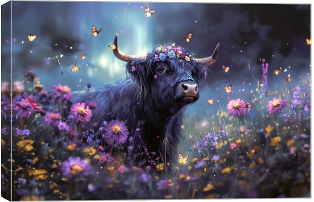 Flowery Highland Cow Canvas Print by Picture Wizard