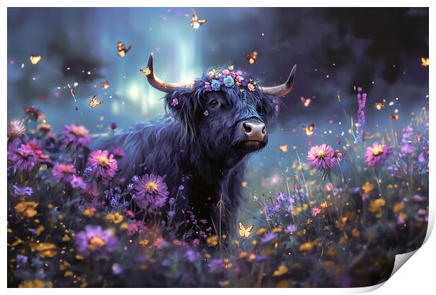 Flowery Highland Cow Print by Picture Wizard