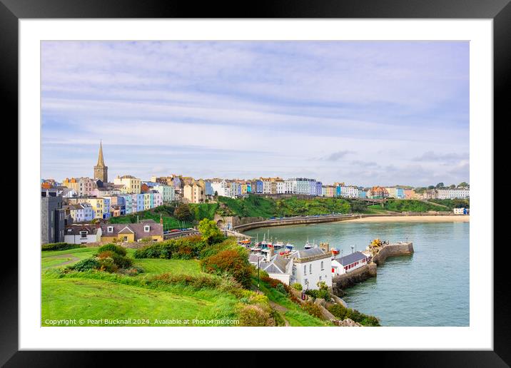 Colourful Tenby from Castle Hill Pembrokeshire Framed Mounted Print by Pearl Bucknall