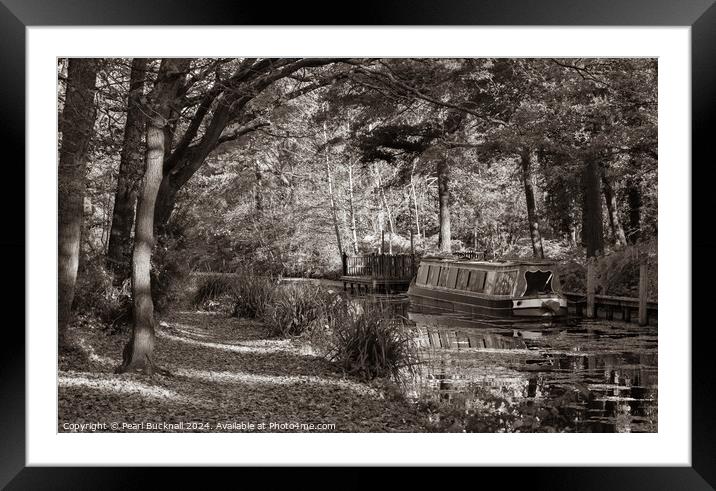 Canal Boat on the Basingstoke Canal sepia Framed Mounted Print by Pearl Bucknall