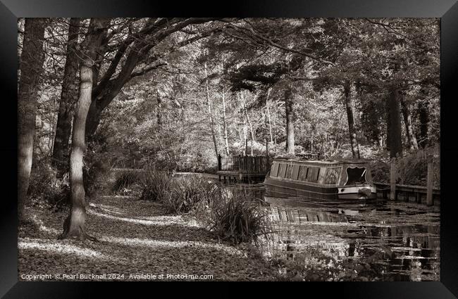 Canal Boat on the Basingstoke Canal sepia Framed Print by Pearl Bucknall