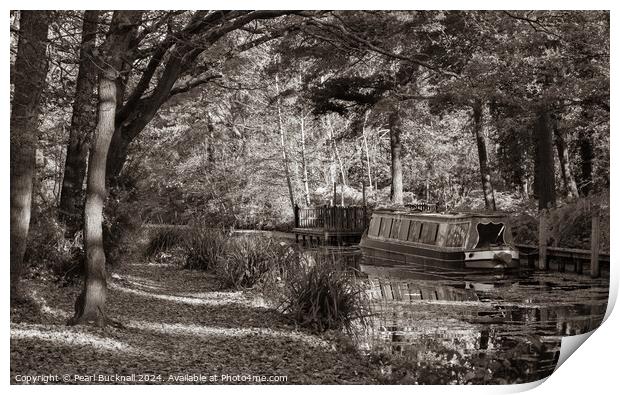 Canal Boat on the Basingstoke Canal sepia Print by Pearl Bucknall
