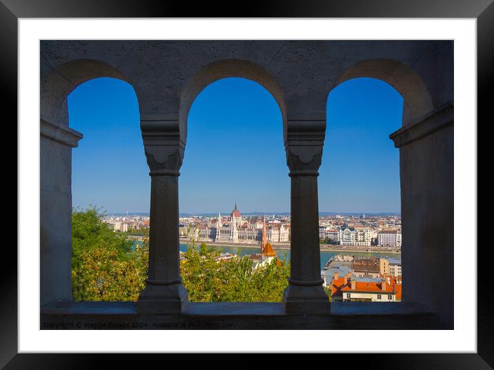 Framed Arch with view of Danube River and Budapest, Hungary. Framed Mounted Print by Maggie Bajada