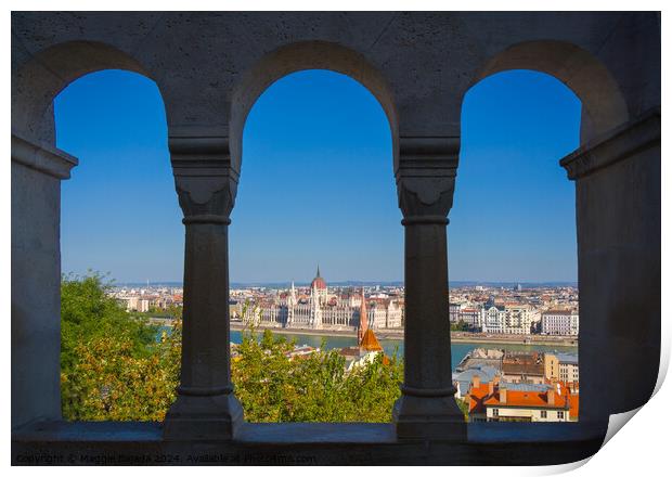 Framed Arch with view of Danube River and Budapest, Hungary. Print by Maggie Bajada