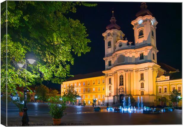 Night Street Photography of Dobo Square in Eger, Hungary. Canvas Print by Maggie Bajada
