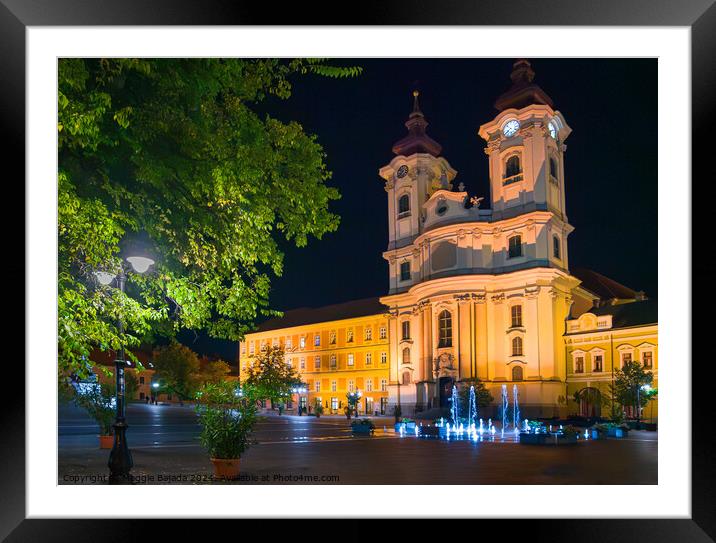 Night Street Photography of Dobo Square in Eger, Hungary. Framed Mounted Print by Maggie Bajada