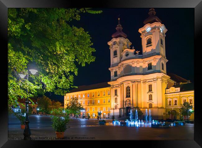 Night Street Photography of Dobo Square in Eger, Hungary. Framed Print by Maggie Bajada