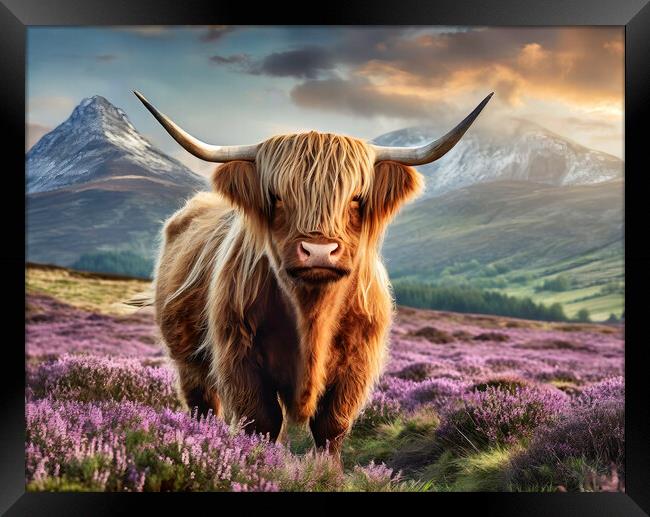 Scottish Highland Cow In Purple Heather Framed Print by Artificial Adventures