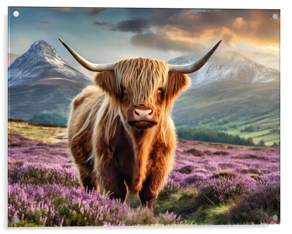 Scottish Highland Cow In Purple Heather Acrylic by Artificial Adventures
