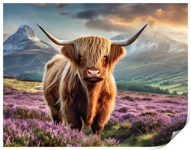 Scottish Highland Cow In Purple Heather Print by Artificial Adventures