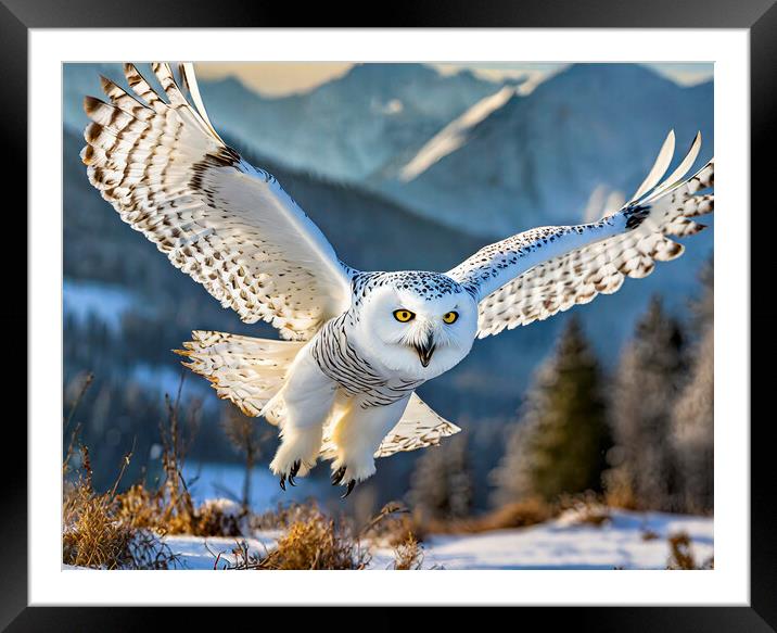 Snowy Owl In Flight Framed Mounted Print by Artificial Adventures