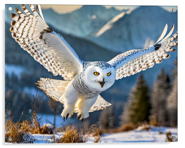 Snowy Owl In Flight Acrylic by Artificial Adventures