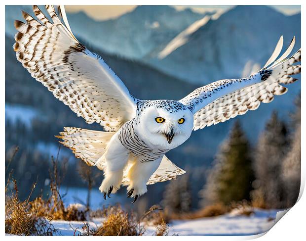 Snowy Owl In Flight Print by Artificial Adventures