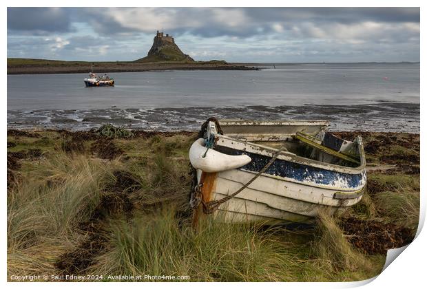 Beached boat on Lindesfarne, Northumberland, England, UK Print by Paul Edney