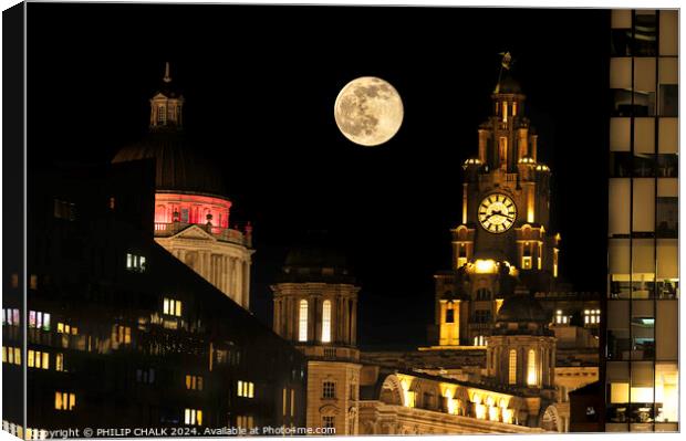 Liver building clock and the full moon 1052 Canvas Print by PHILIP CHALK