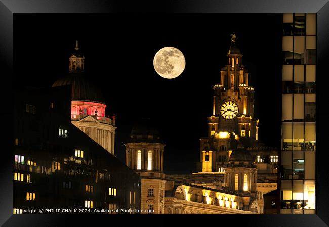 Liver building clock and the full moon 1052 Framed Print by PHILIP CHALK