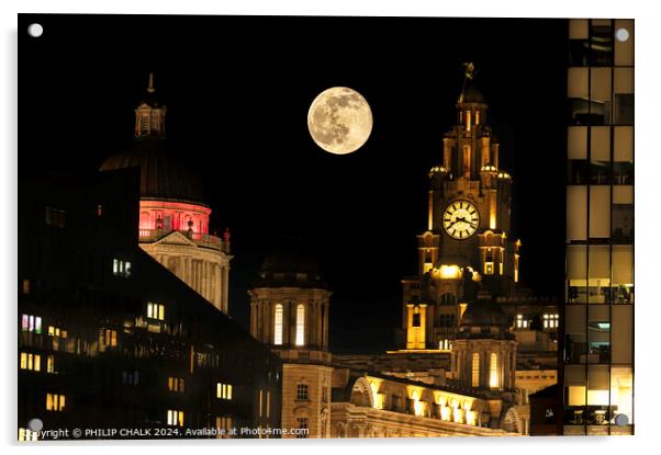 Liver building clock and the full moon 1052 Acrylic by PHILIP CHALK