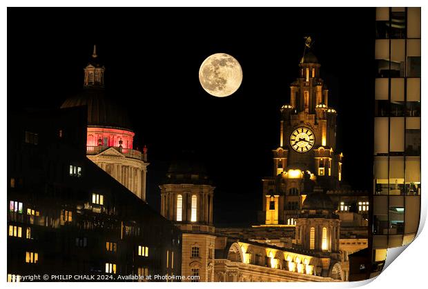 Liver building clock and the full moon 1052 Print by PHILIP CHALK