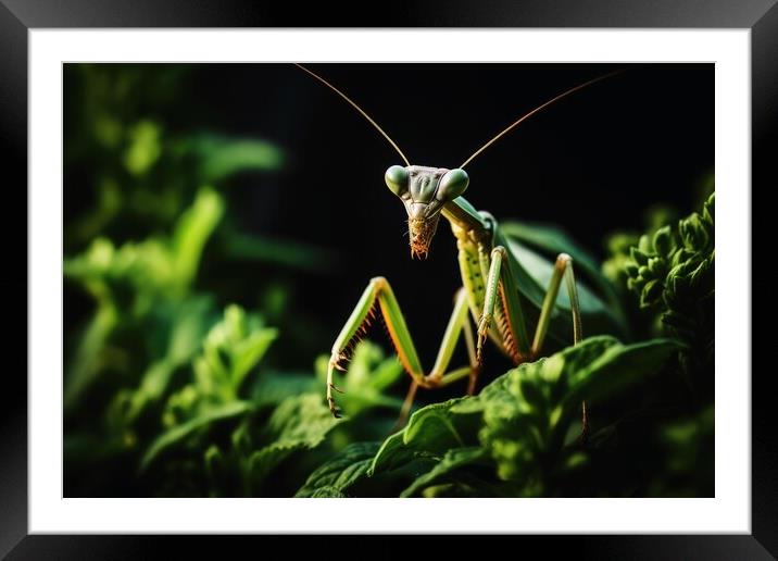 A praying mantis on a plant. Framed Mounted Print by Michael Piepgras