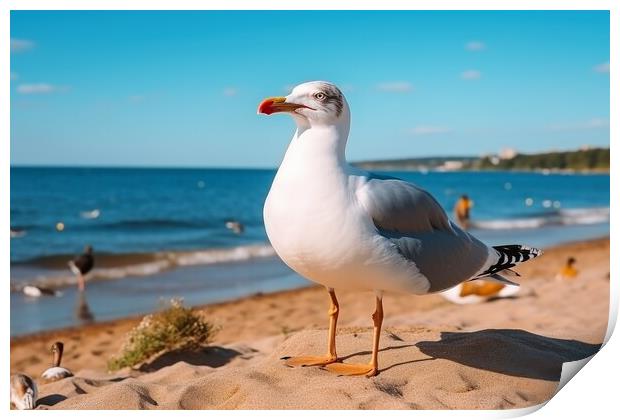 A seagull close up in the blue sky at the beach. Print by Michael Piepgras