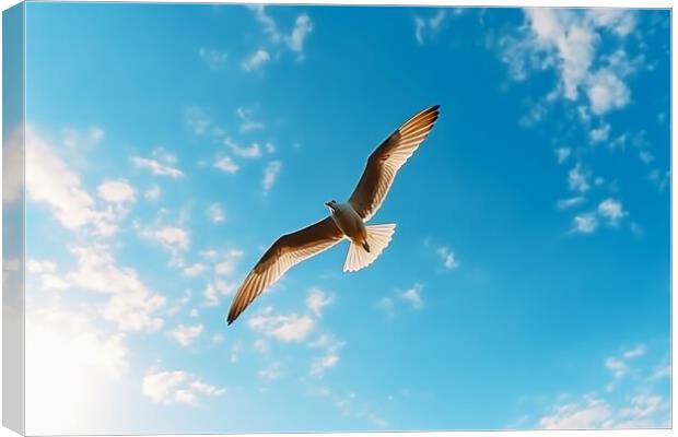 A seagull close up in the blue sky at the beach. Canvas Print by Michael Piepgras