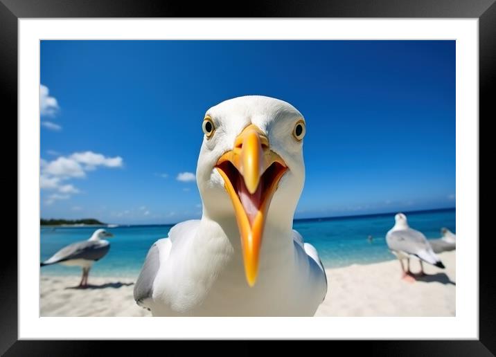 A seagull close up in the blue sky at the beach. Framed Mounted Print by Michael Piepgras