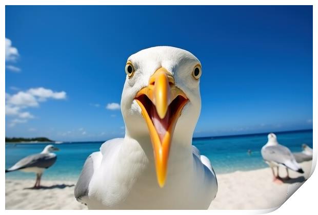 A seagull close up in the blue sky at the beach. Print by Michael Piepgras