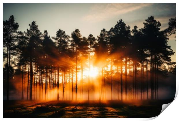 A sunrise in a misty forest area. Print by Michael Piepgras