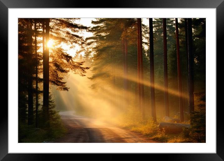 A sunrise in a misty forest area. Framed Mounted Print by Michael Piepgras