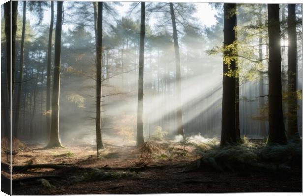A sunrise in a misty forest area. Canvas Print by Michael Piepgras