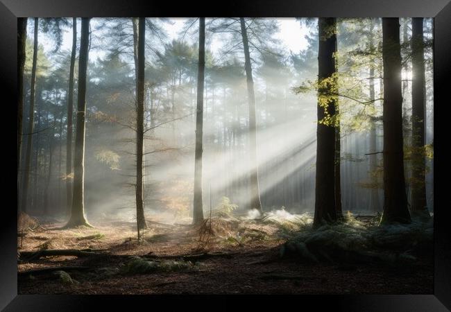 A sunrise in a misty forest area. Framed Print by Michael Piepgras