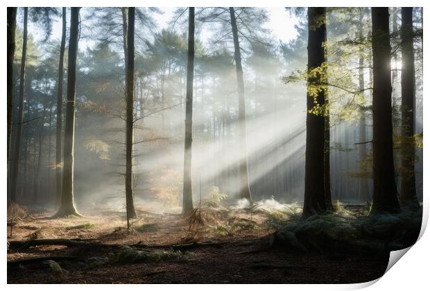 A sunrise in a misty forest area. Print by Michael Piepgras