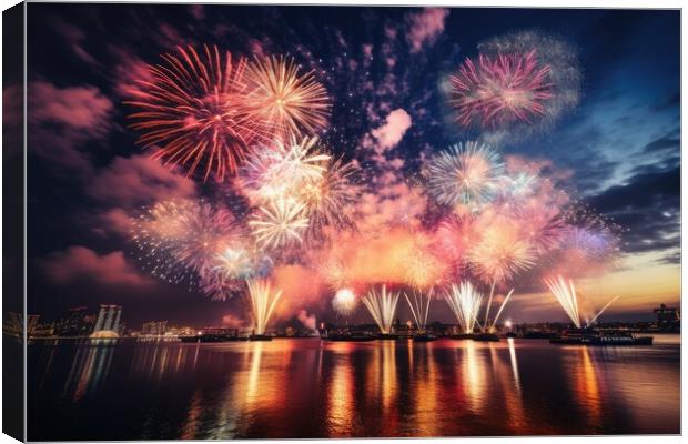 An impressive happy new year fireworks. Canvas Print by Michael Piepgras