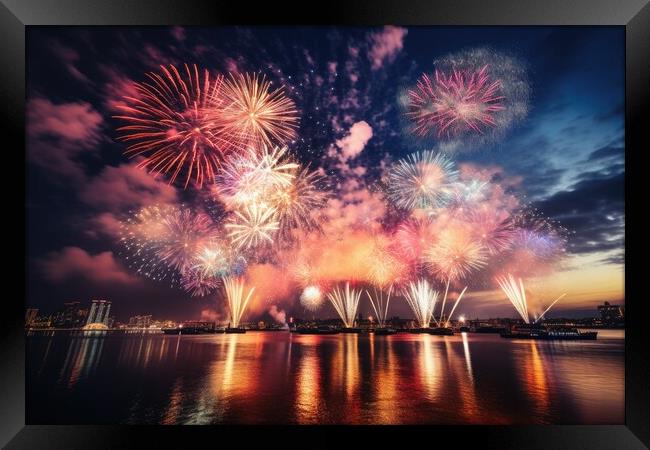 An impressive happy new year fireworks. Framed Print by Michael Piepgras