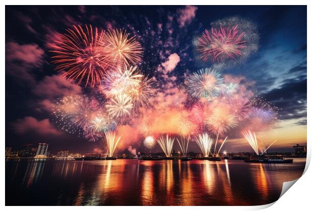 An impressive happy new year fireworks. Print by Michael Piepgras