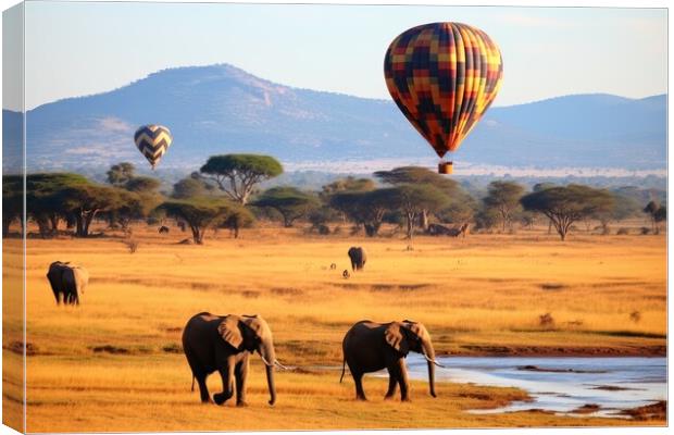 Hot air balloons over the African savannah. Canvas Print by Michael Piepgras