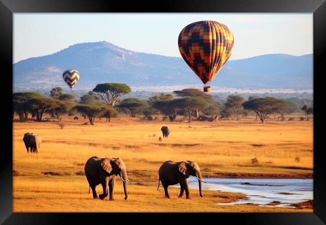 Hot air balloons over the African savannah. Framed Print by Michael Piepgras